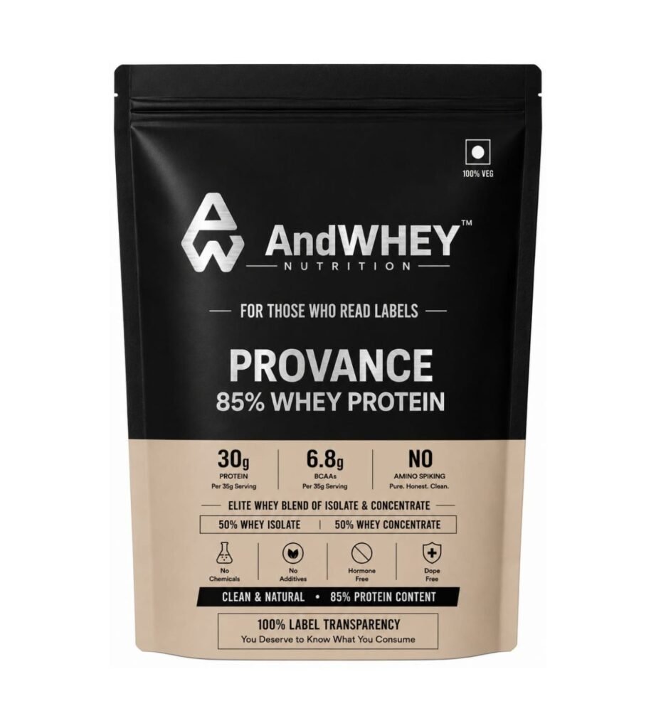 AndWhey Provance whey protein powder packaging. Searching for the best clean protin in india for muscle fitness.