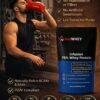 A muscular man drinking from an AndWhey shaker bottle next to a pouch of AndWhey Infusion 75% Whey Protein showing features like FSSAI compliant and naturally rich in BCAAs