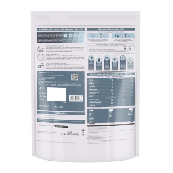 MuscleBlaze 100% Clean Raw Whey Protein Concentrate (Unflavoured, 1kg) | Easy to Digest