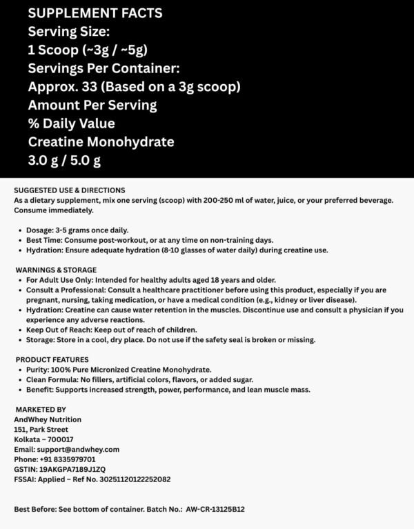 AndWhey Nutrition Creatine Monohydrate 100gms | Tested for Accuracy & Purity