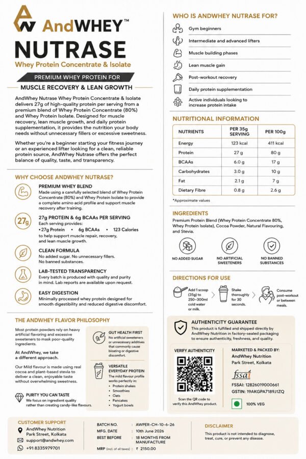 AndWhey Nutrase clean protein formula nutritional facts and back pouch label