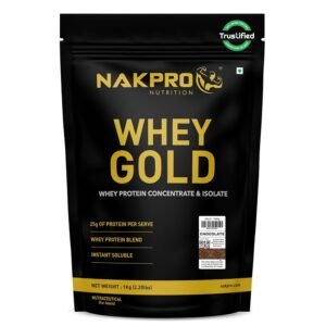 Nakpro Gold Whey Protein Chocolate Flavour 1kg tub. Shopping for the best clean chocolate whey protein powdr in india for gym fitness.