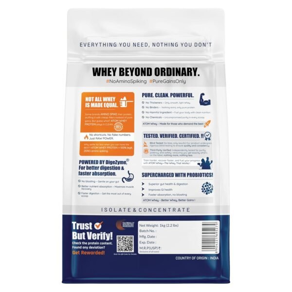 AS-IT-IS ATOM Whey Protein Mawa Malai 1kg | 27g Protein | Whey Isolate & Concentrate | Digestive Enzymes