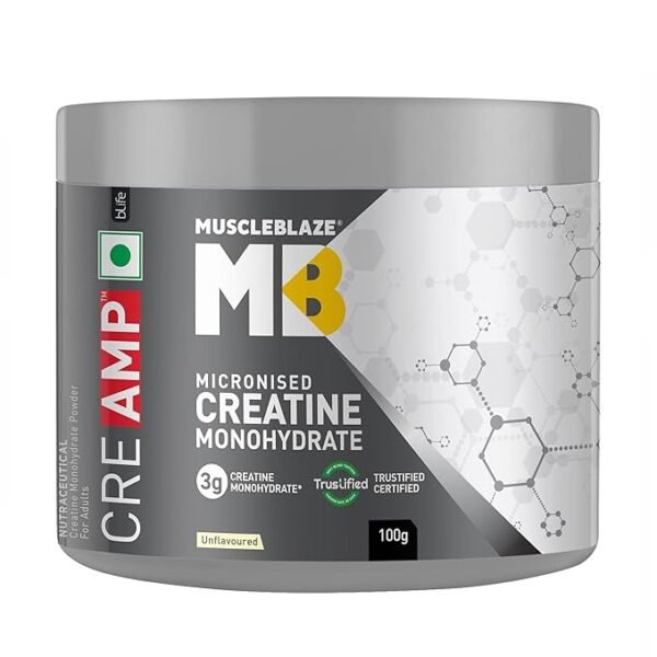 MuscleBlaze CreAMP Micronised Creatine Monohydrate 100g tub front view