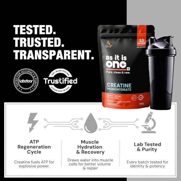 AS-IT-IS One Creatine Monohydrate - 100g Unflavoured I Pure & Micronized I Rapid Absorption, Supports Enhanced Muscle Strength, Stamina & Muscle Growth