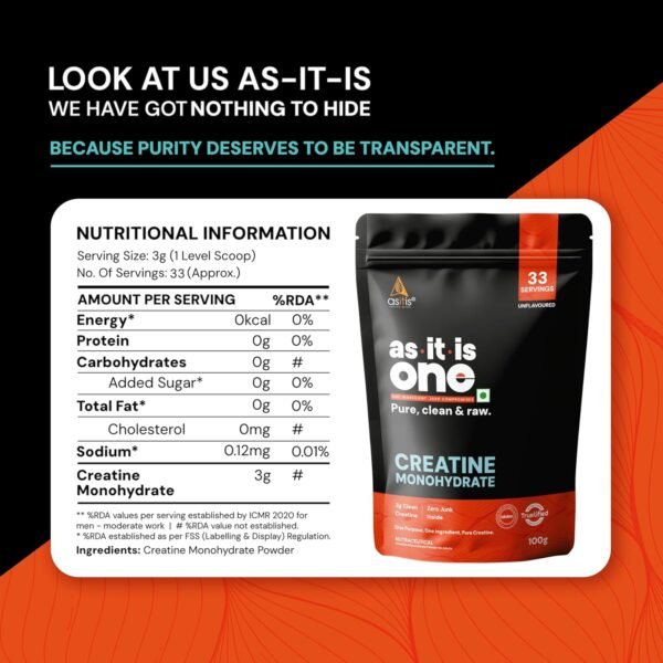 AS-IT-IS One Creatine Monohydrate - 100g Unflavoured I Pure & Micronized I Rapid Absorption, Supports Enhanced Muscle Strength, Stamina & Muscle Growth