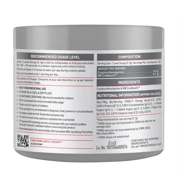 MuscleBlaze CreAMP Micronised Creatine Monohydrate – 100g (32 Servings)