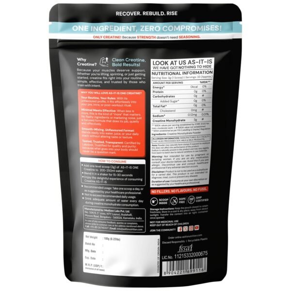 AS-IT-IS One Creatine Monohydrate - 100g Unflavoured I Pure & Micronized I Rapid Absorption, Supports Enhanced Muscle Strength, Stamina & Muscle Growth