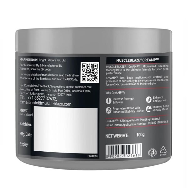 MuscleBlaze CreAMP Micronised Creatine Monohydrate – 100g (32 Servings)
