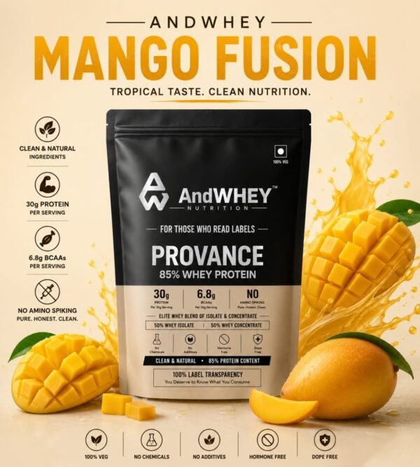 AndWhey Provance Whey Protein Mango Fusion flavor pack front 85 percent blend