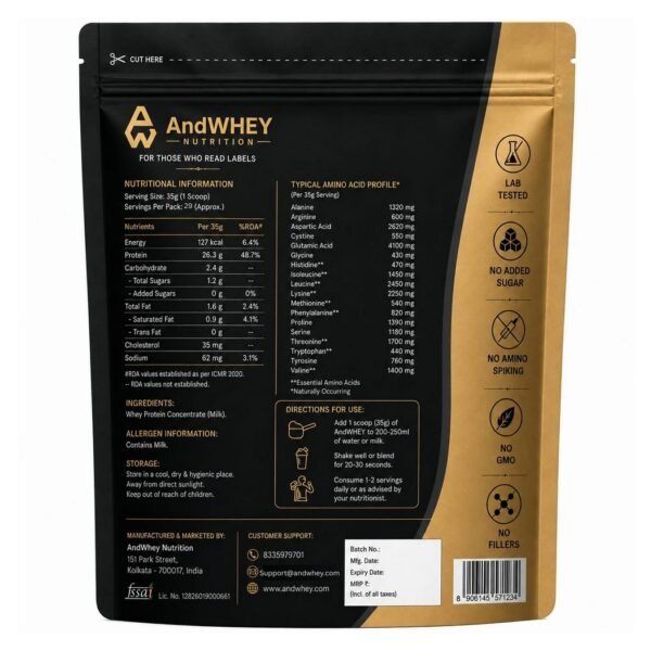 AndWhey performance whey protein back pouch. performance whey protein