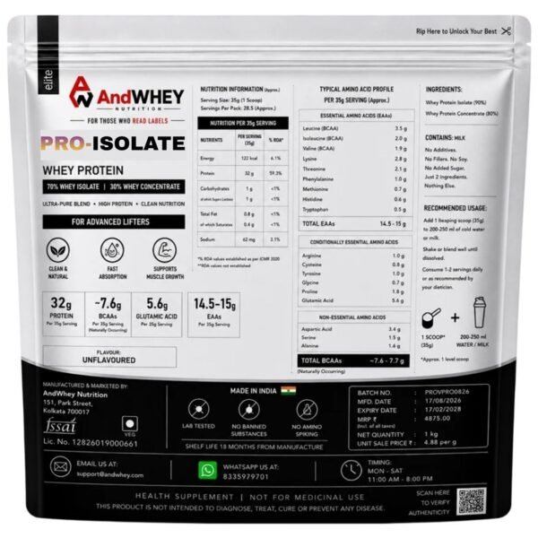 AndWhey Pro-Isolate Whey Protein 1kg (32g Protein, Unflavoured)