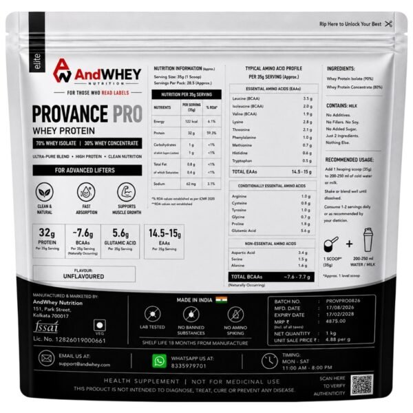 Back pouch Provance Pro Whey Protein ingredients and amino acid profile
