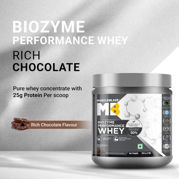 MuscleBlaze Biozyme Performance Whey Protein Powder, 500g (1.1lbs) – Rich Chocolate