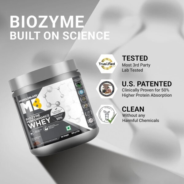 MuscleBlaze Biozyme Performance Whey Protein Powder, 500g (1.1lbs) – Rich Chocolate