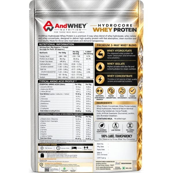 AndWhey HydroCore Whey Protein (Chocolate Flavor, 1kg)